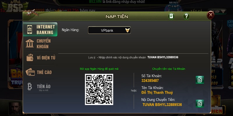 Nạp tiền B52 club qua banking là phương thức thanh toán hiện đại và nhanh chóng